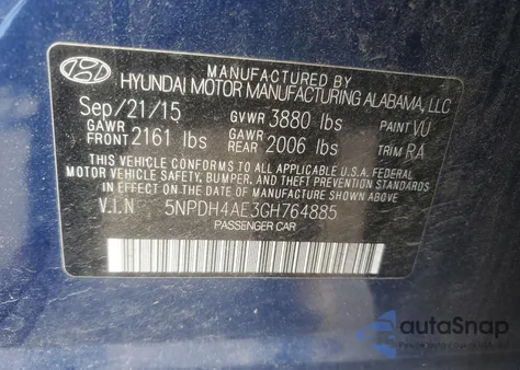 2016 Hyundai Elantra Se from USA, damaged, VIN 5NPDH4AE3GH764885